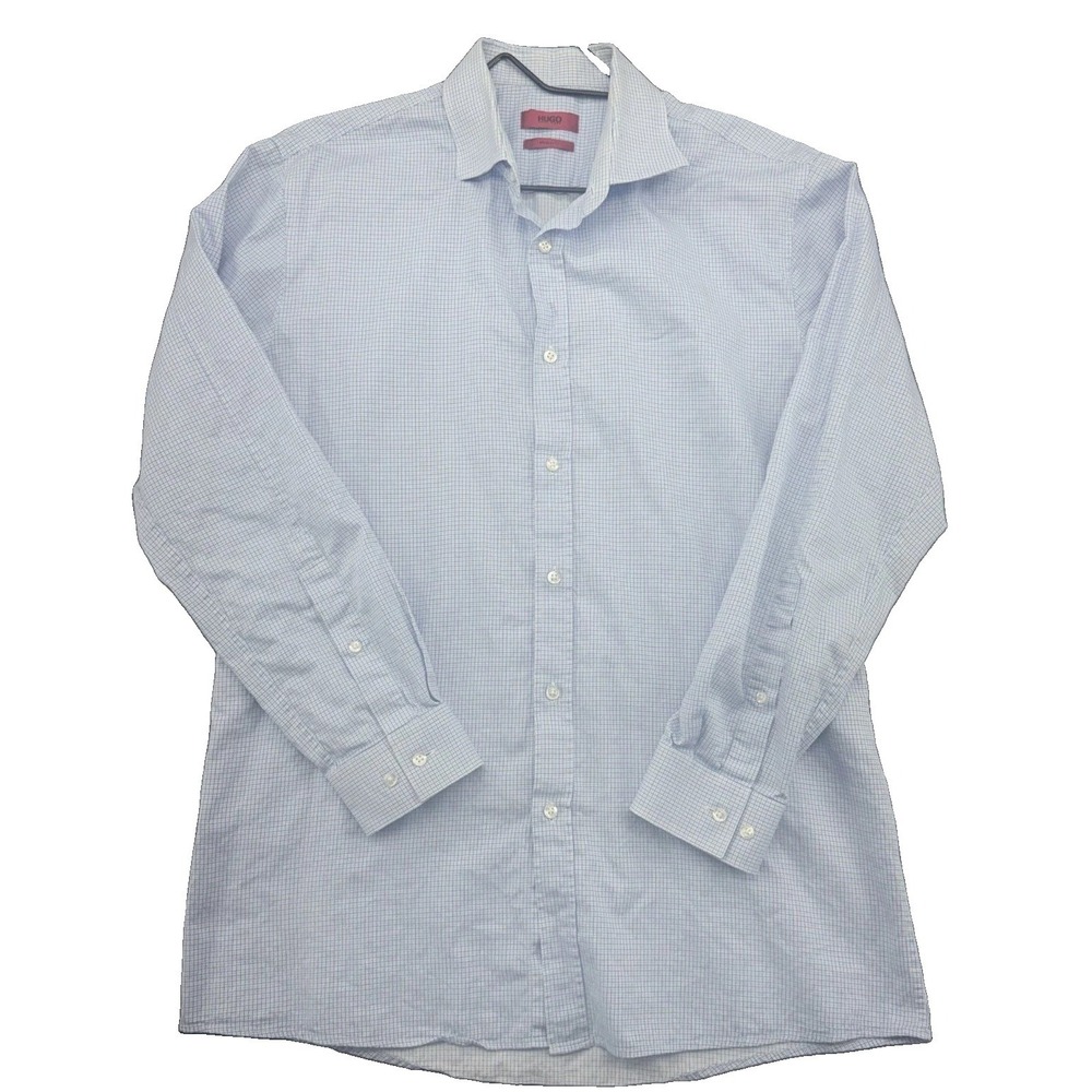 HUGO Hugo Boss Mens 18 32/33 Light Blue Check Long Sleeve Button Down Shirt